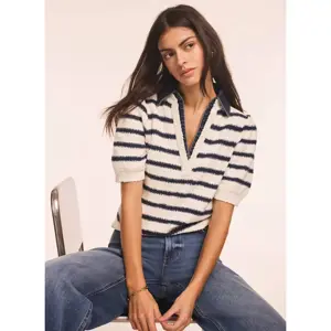 Mint Velvet Cream Striped Knit Denim Detail Top